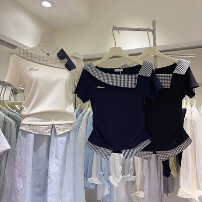 2026新款夏季法式格纹拼接斜肩纯欲短袖T恤女显瘦斜肩设计感上衣