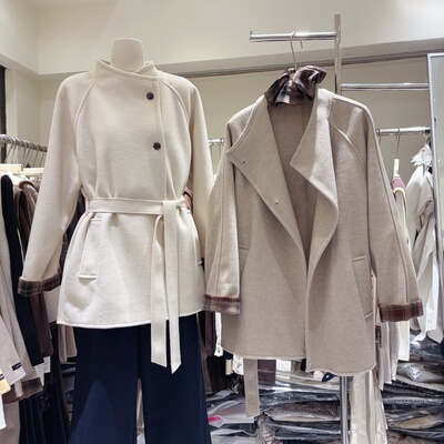 2025秋冬季今年流行系带小立领长袖口格子拼接中长款羊绒呢大衣女