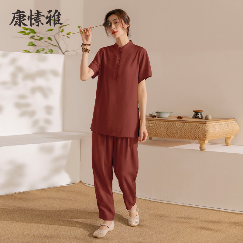 康愫雅宽松瑜伽服2026春夏新款棉麻禅修服女居士服上衣短袖两件套