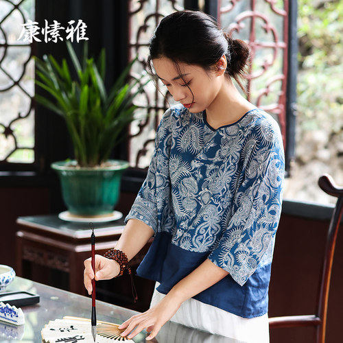 康愫雅七分袖民族风禅服女青花瓷