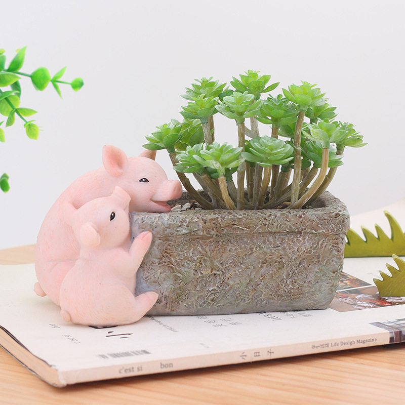 南院传芳 卡通田园猪花盆 创意树脂工艺品桌面盆栽摆件简约猪花盆