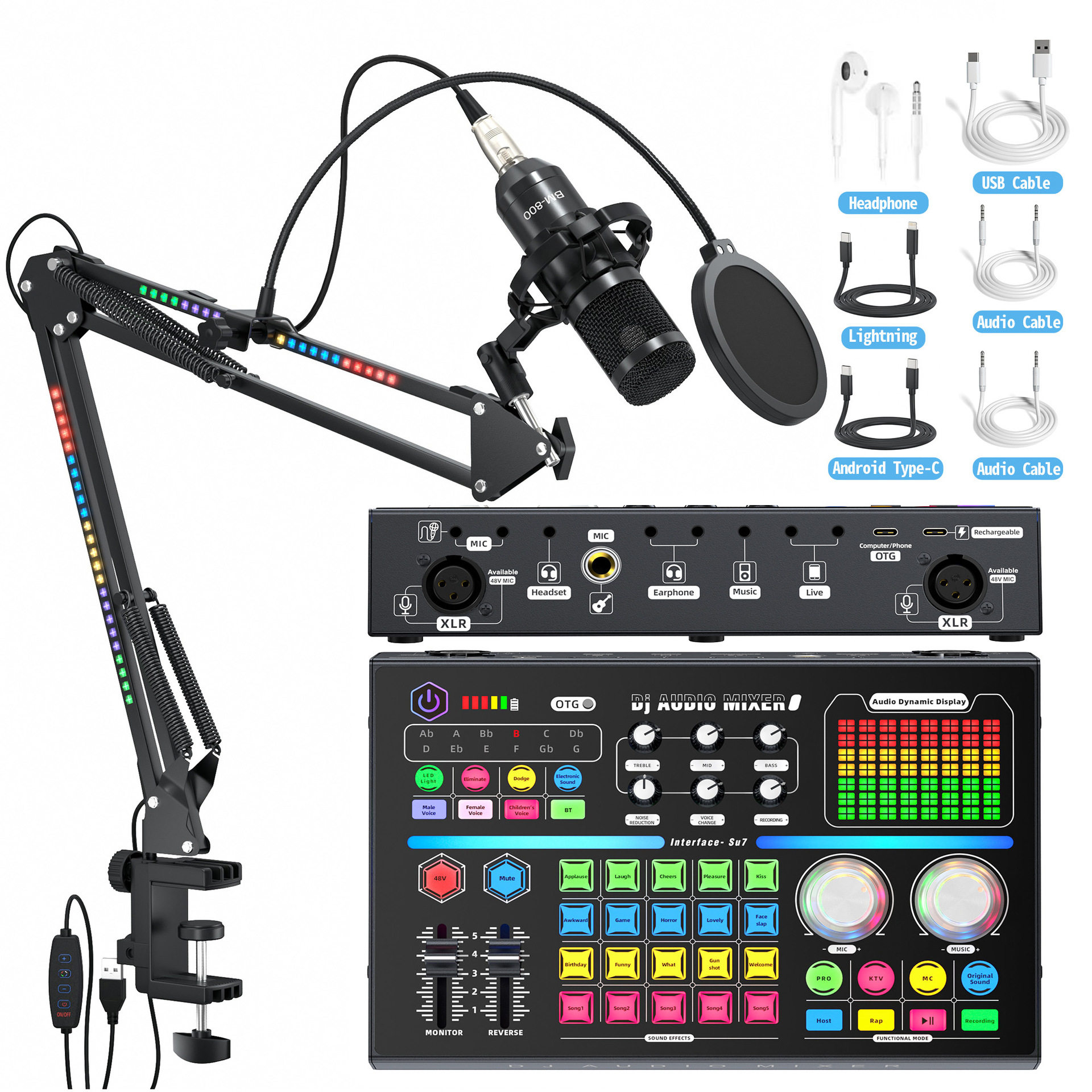 跨境专用英文款双48V直播声卡套装变音电容麦克风电脑手机播客唱K