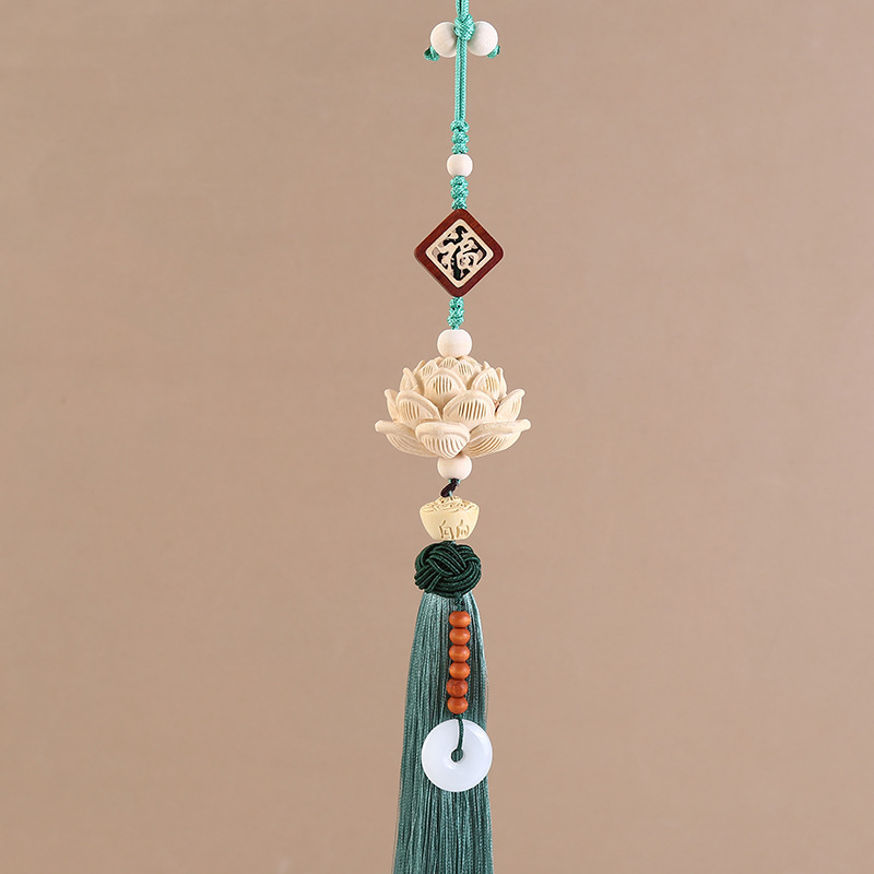 创意中国风黄杨木莲花福字吊坠 车载后视镜挂饰汽车装饰饰品件挂