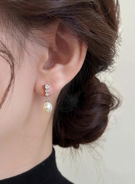 5A级高亮无瑕简约锆石款水滴形天然淡水珍珠吊坠耳钉套装珍珠首饰