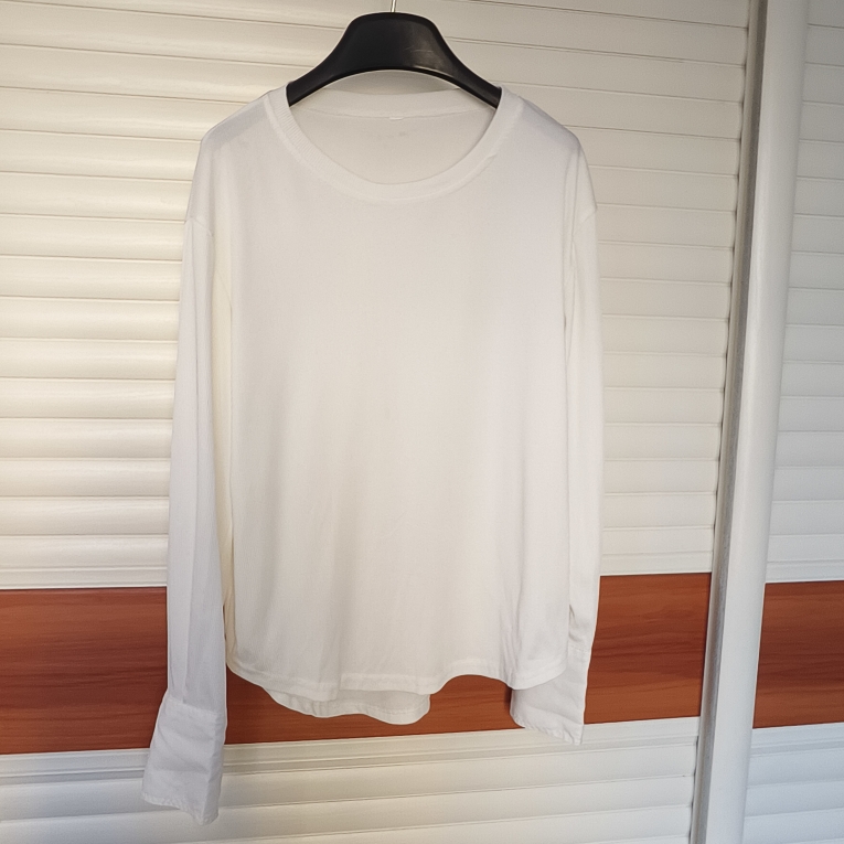 瑕疵,叠穿大衣百衬衫袖,白色韩版打底简约圆领长袖宽松上衣T恤