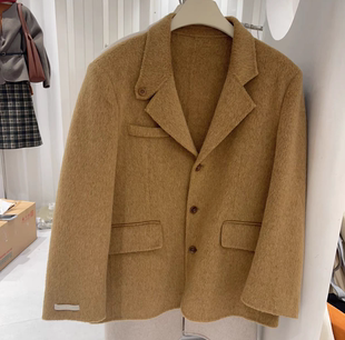 100%羊毛亲肤柔软宽松垫肩秋叶黄中长款双面羊绒大衣外套清仓处理