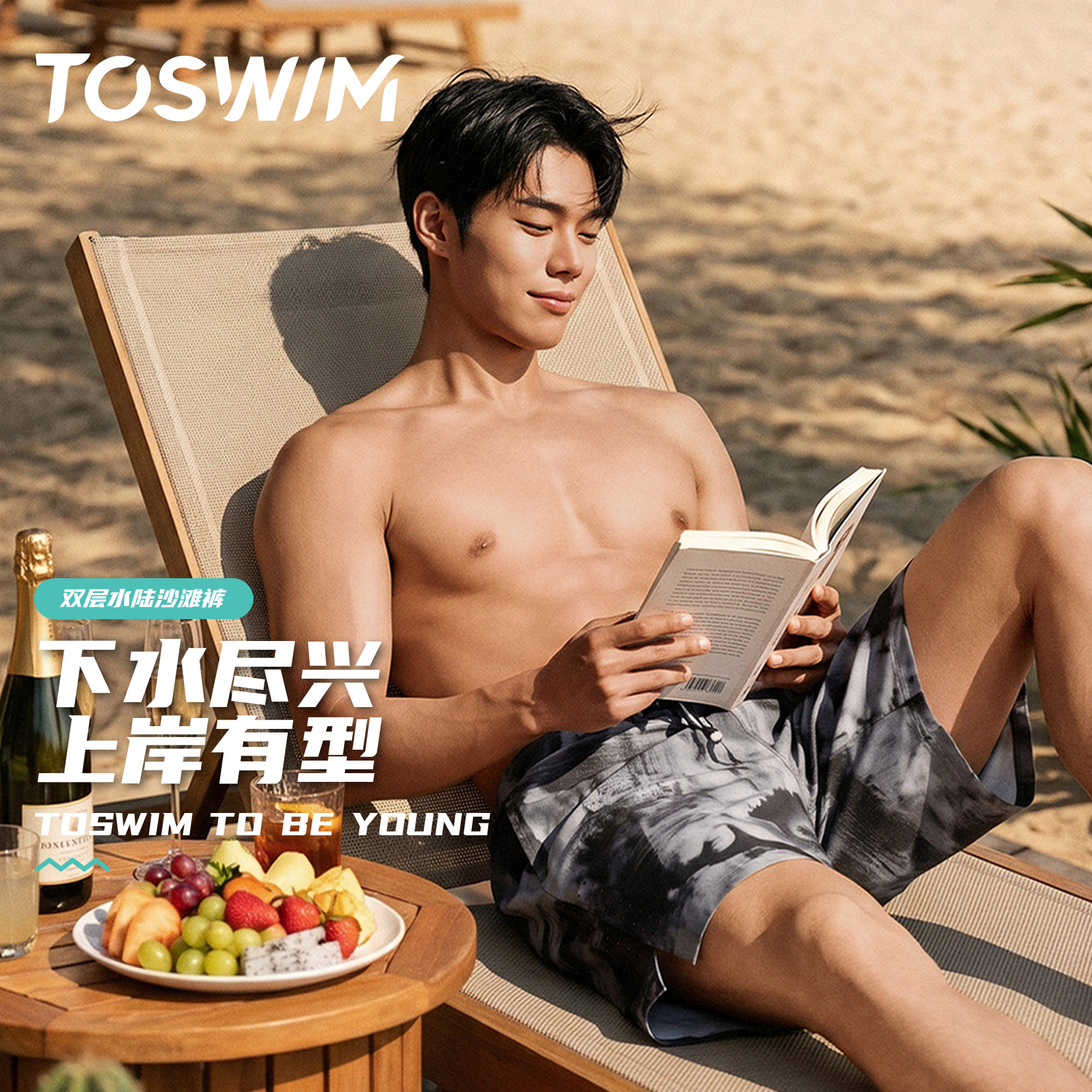 TOSWIM沙滩裤男速干可下水双层泳裤成人海边2026新款男士游泳裤
