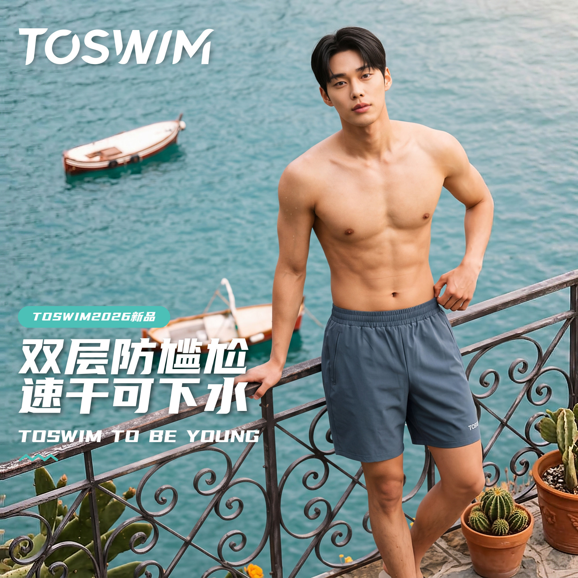 TOSWIM沙滩裤男速干可下水双层泳裤成人海边2026新款男士游泳裤