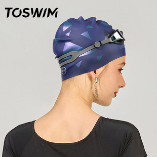 TOSWIM 水泳キャップ 長い髪の女性用、防水、大きな頭囲、ファッショナブルなプリントシリコン水泳キャップ、女性用