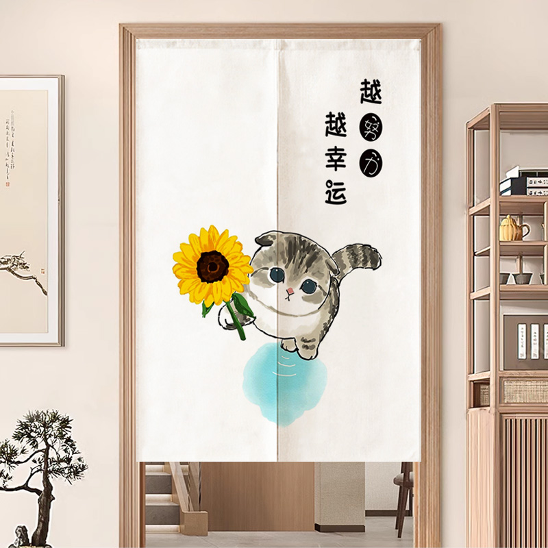 可爱猫咪门帘厨房免打孔遮挡布帘短帘挂帘卧室卫生间厕所隔断帘子