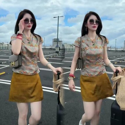 夏季洋气减龄时髦新中式国风小包袖上衣+半身裙气质两件套装女