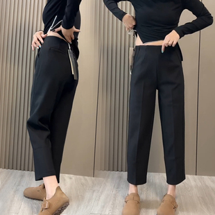 子女 遮肉显高直筒宽松休闲高腰显瘦小脚烟管裤 秋冬加绒九分西装 裤