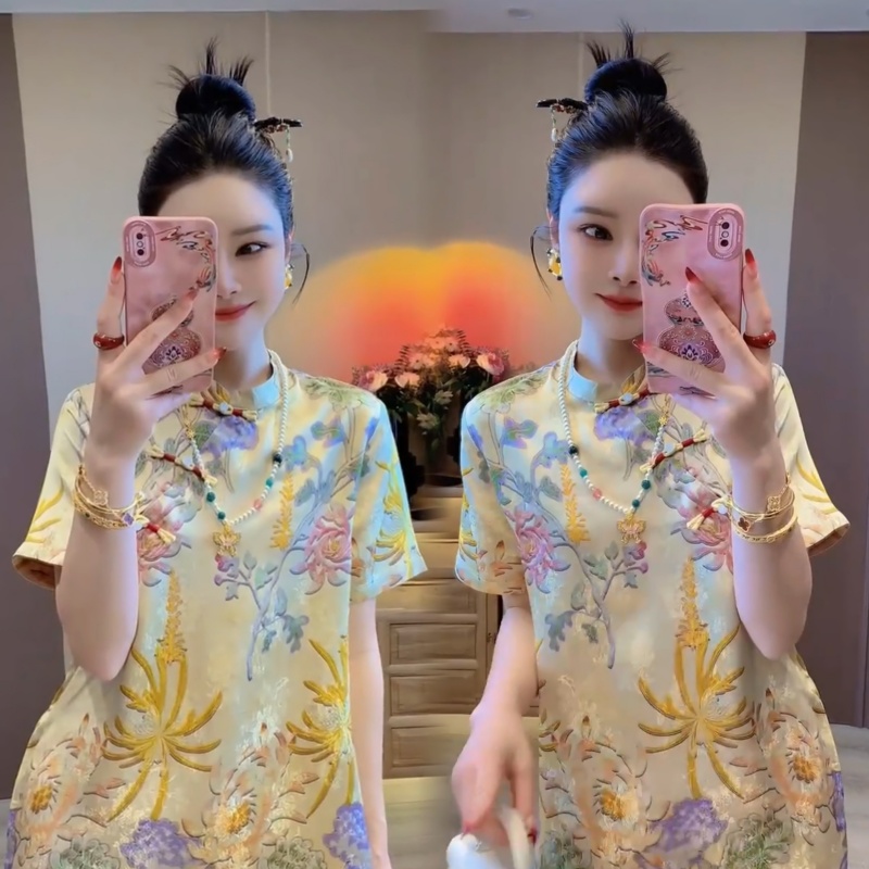 优雅旗袍裙新中式提花盘扣连衣裙