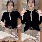 百搭高级感小立领木耳花边撞色真丝绒国风衬衫 2025秋冬季 时尚 上衣