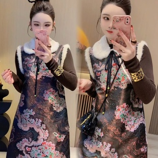 秋冬季新中式国风提花加绒保暖棉袄旗袍裙马夹裙翻领连衣裙裙子女