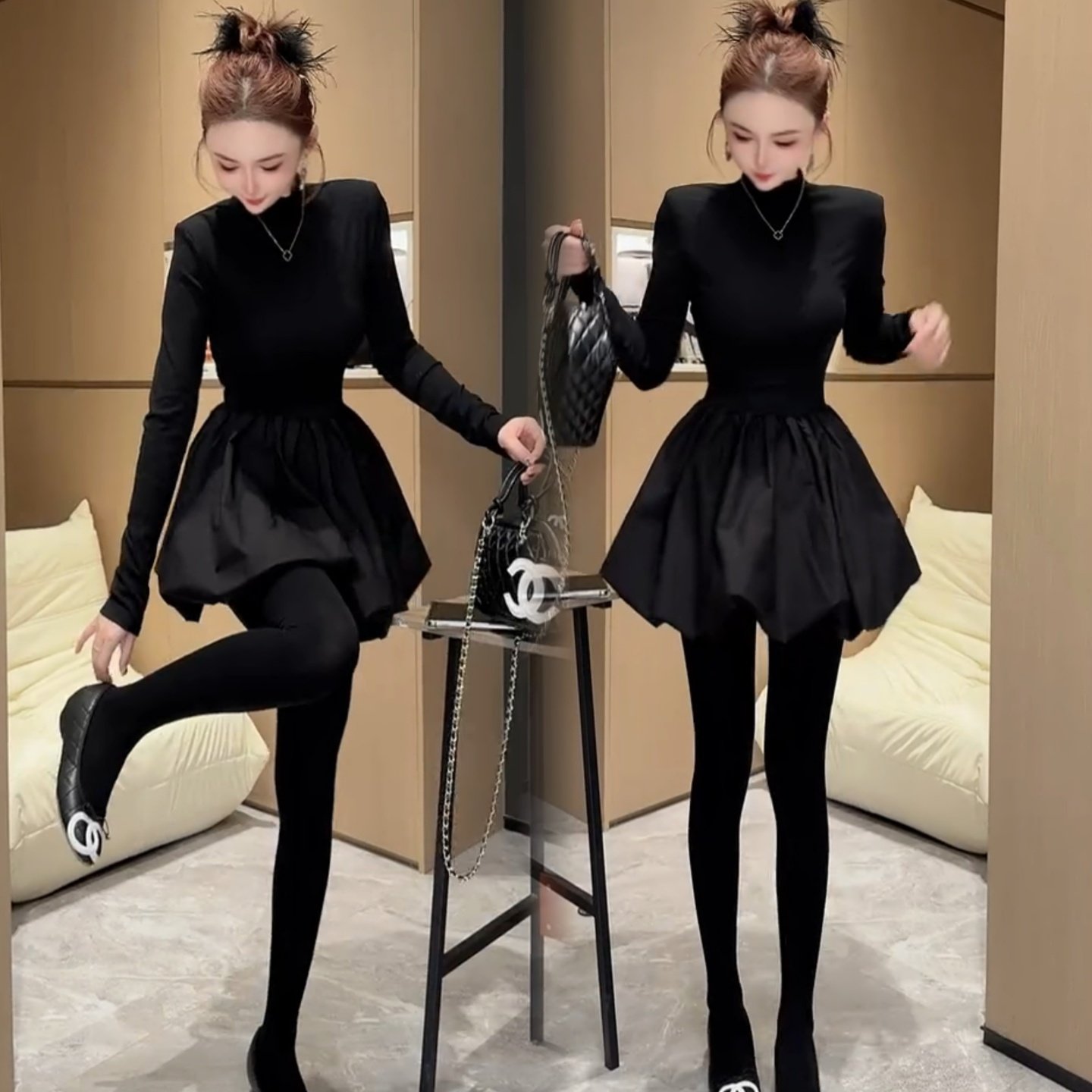收腰时尚黑天鹅洋气蓬蓬裙连衣裙