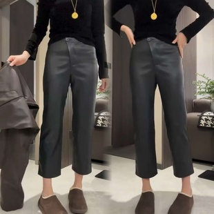 冬季新品洋气纯色pu时尚百搭高级感蛋白皮加绒烟管皮裤九分休闲裤