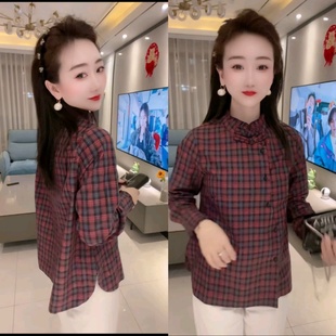 花边小立领国风盘扣洋气百搭气质上衣 复古红格子衬衫 秋新款 新中式