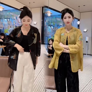 2026春夏季薄款洋气高级感显白国风提花刺绣盘扣防晒衬衫外套女