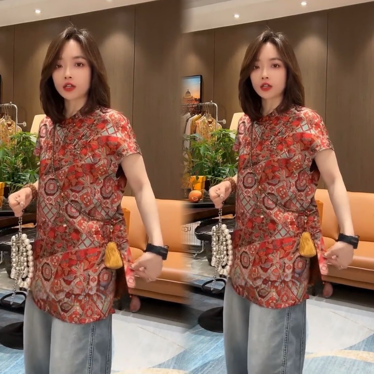 印花新中式国风衫盘扣花色上衣女