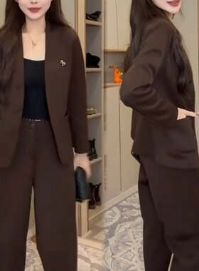 胸针长袖小西装西裤两件套装