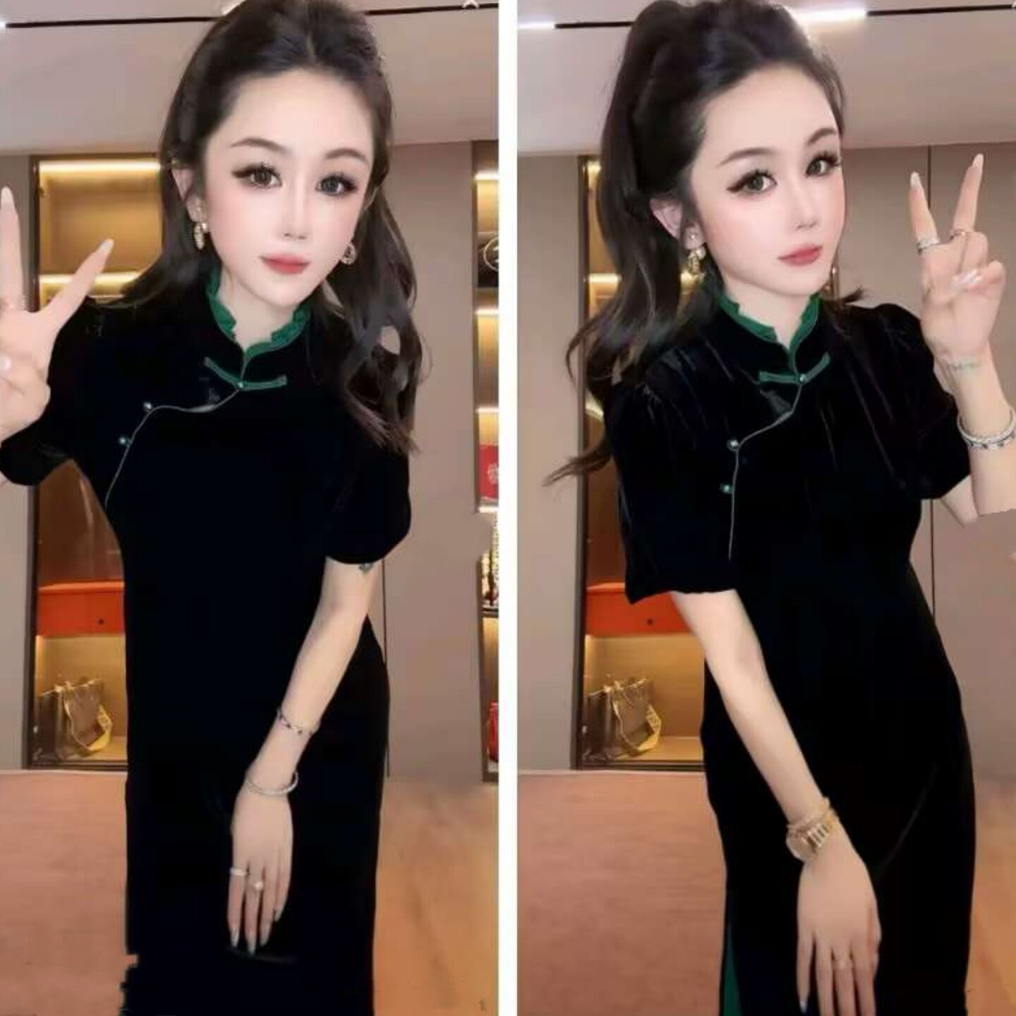 新中式2026春夏季百搭雪纺拼接时尚撞色显瘦国风旗袍裙丝绒连衣裙