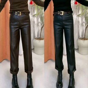 2025秋冬季时尚百搭高级感洋气加绒挽脚休闲蛋白皮裤九分直筒裤女