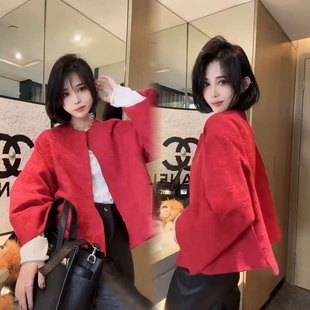 2026新年战袍喜庆气质显白大红色国风提花刺绣薄棉新中式 外套上衣