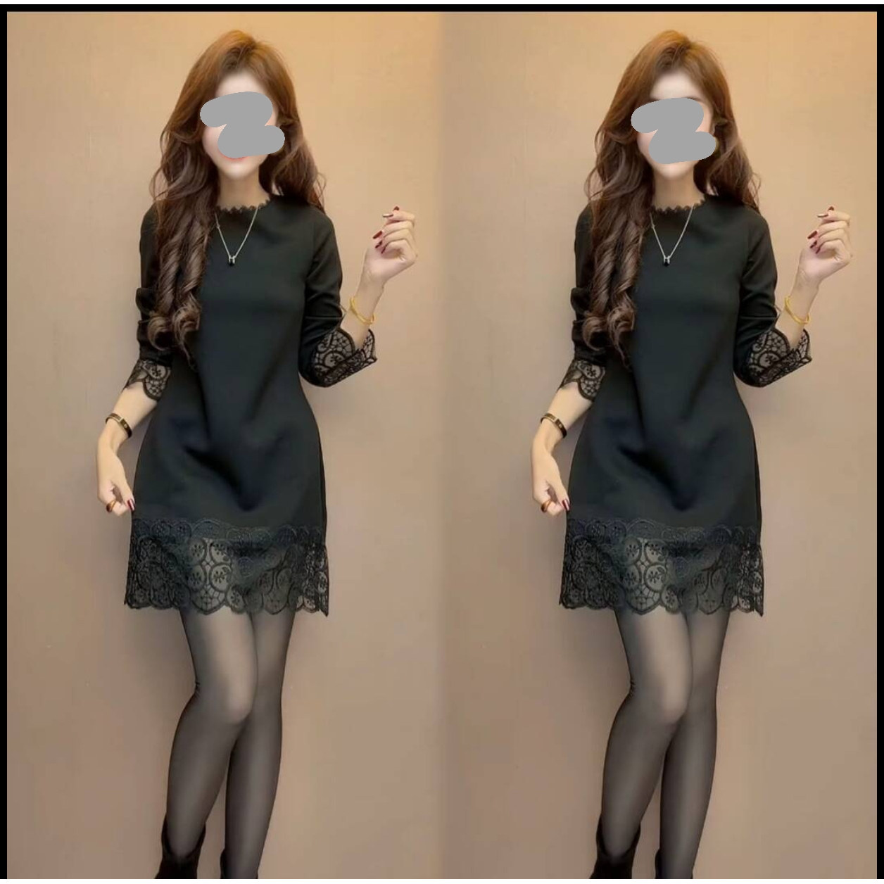 欧货蕾丝拼接长袖打底衫女秋冬新款气质圆领中长款遮肉洋气蕾丝衫