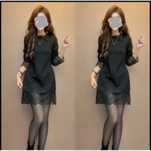 欧货蕾丝拼接长袖打底衫女秋冬新款气质圆领中长款遮肉洋气蕾丝衫