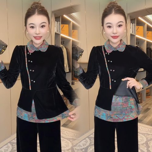 丝绒拼接撞色香云纱裙摆国风衬衫