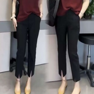 小西裤女春夏新款气质显瘦百搭时尚前开叉烟筒直筒裤九分小黑裤潮