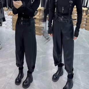 欧货2024秋冬季高腰显瘦双腰带加绒直筒九分裤设计感蛋白皮裤靴裤