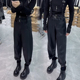欧货2024秋冬季 靴裤 高腰显瘦双腰带加绒直筒九分裤 设计感蛋白皮裤