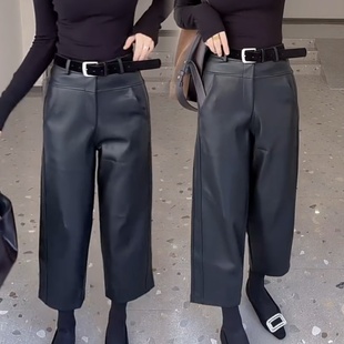 2025秋冬季新款洋气时尚百搭pu小众设计感宽松八分加绒蛋白皮裤女