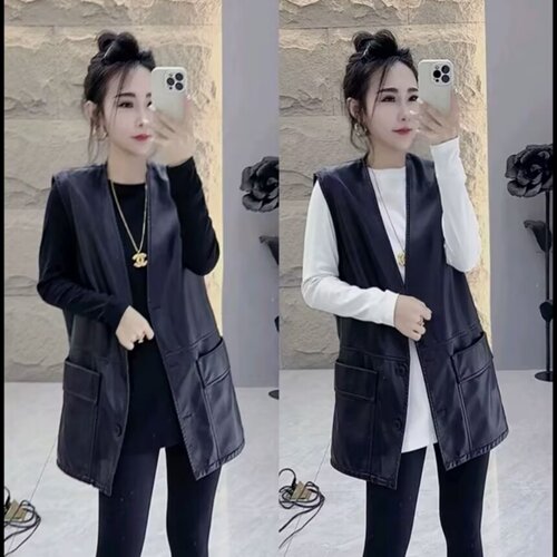 时髦洋气仿真蛋白皮马甲上衣女