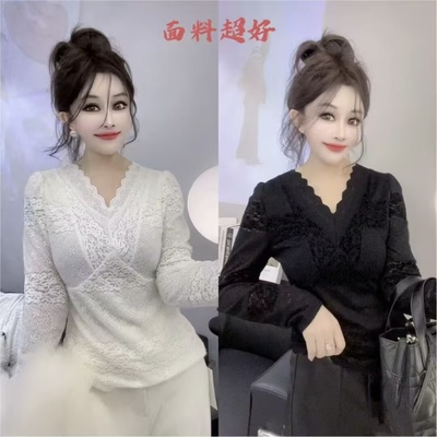 时髦水貂绒V领蕾丝衫小衫打底衫