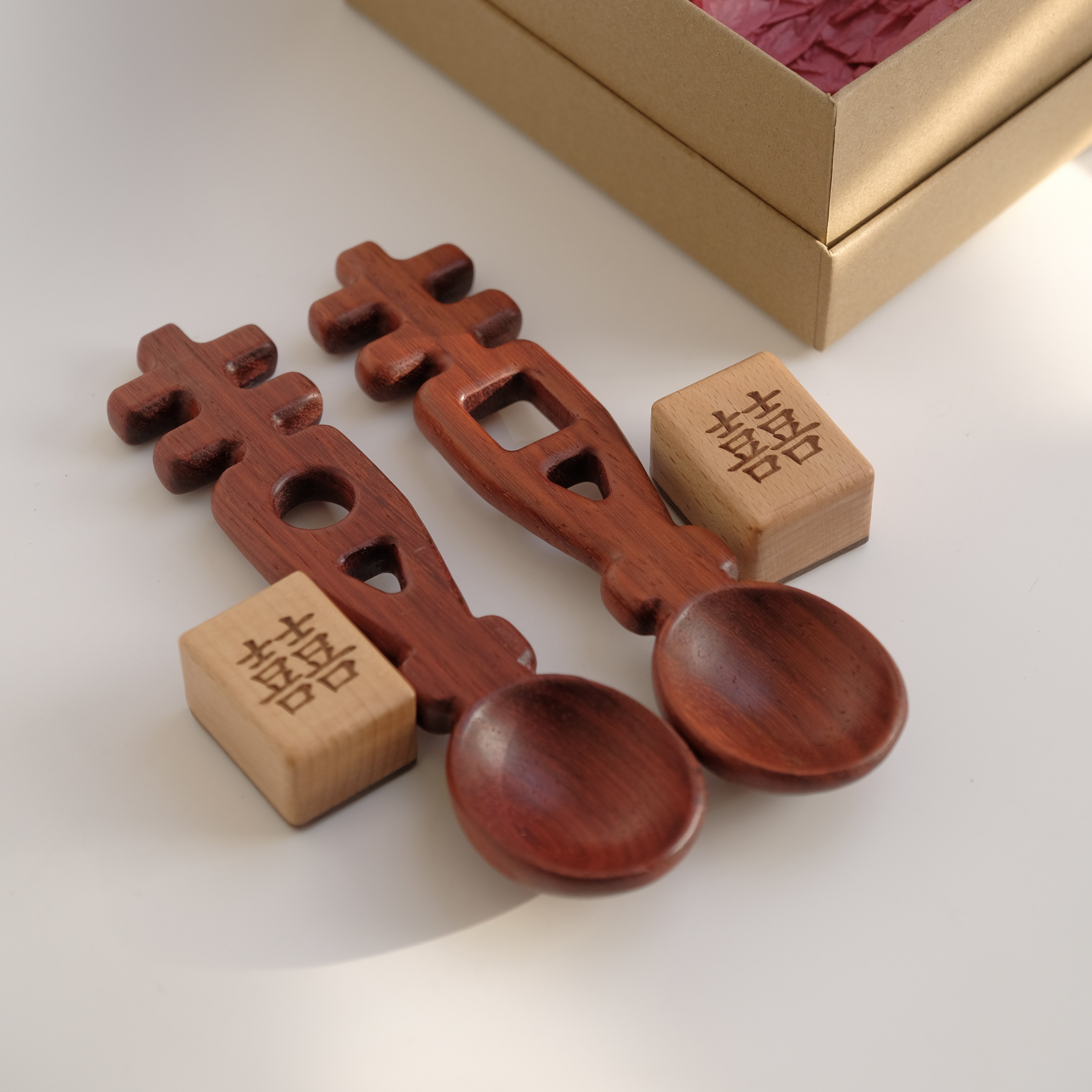 双喜木勺礼盒 新婚订婚礼物 创意情侣餐具实木中式喜礼结婚伴手礼