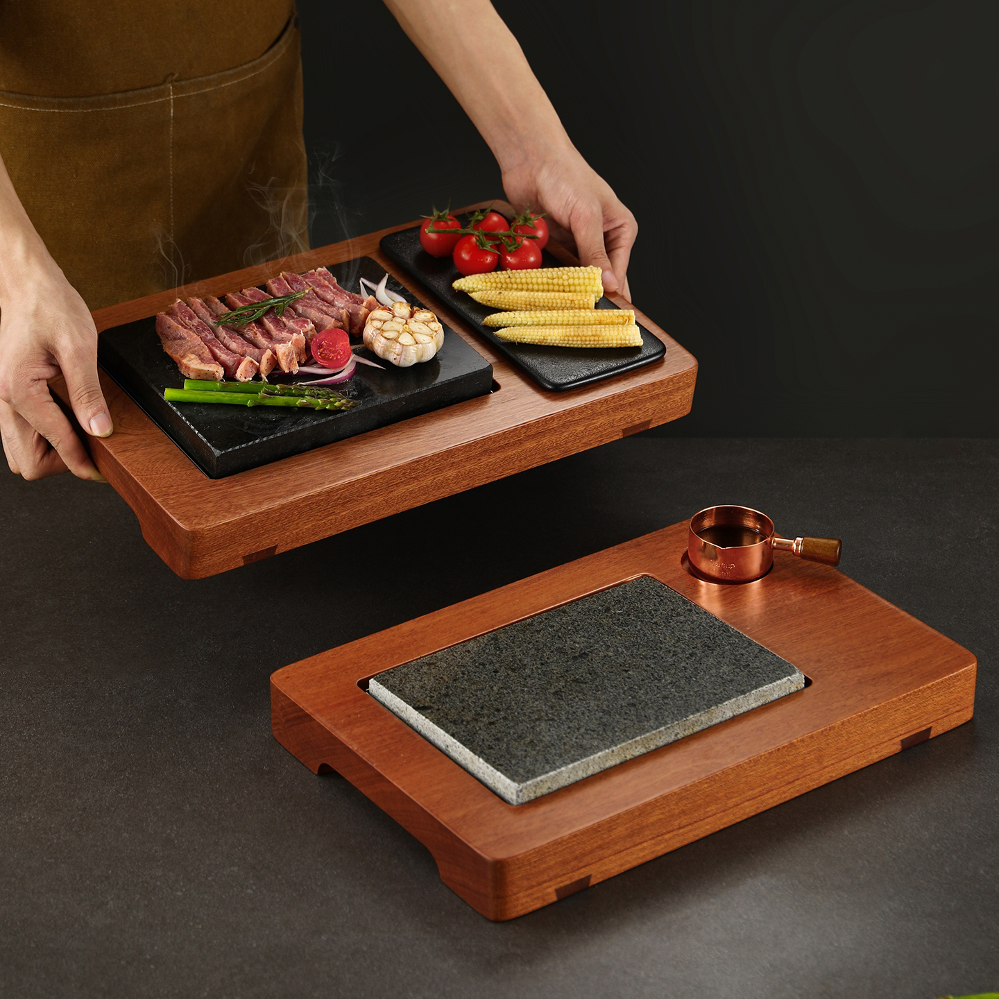 特厚4cm实木沙比利石板烤盘牛排煎盘西餐牛扒盘高温火山石烤肉盘