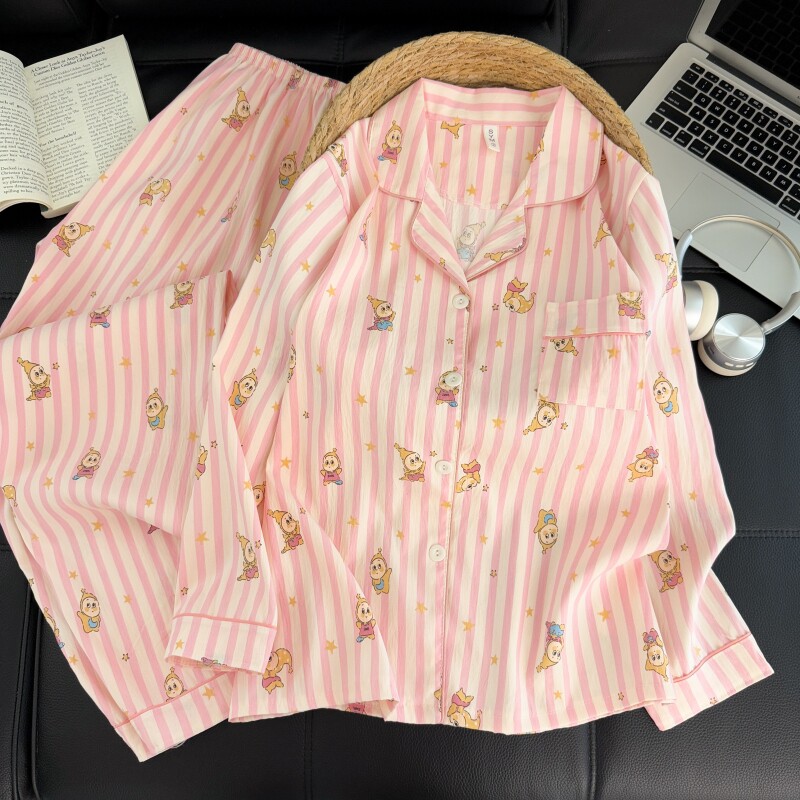 胖mm大码云朵棉睡衣女春秋翻领开衫长袖长裤简约温柔居家服套装