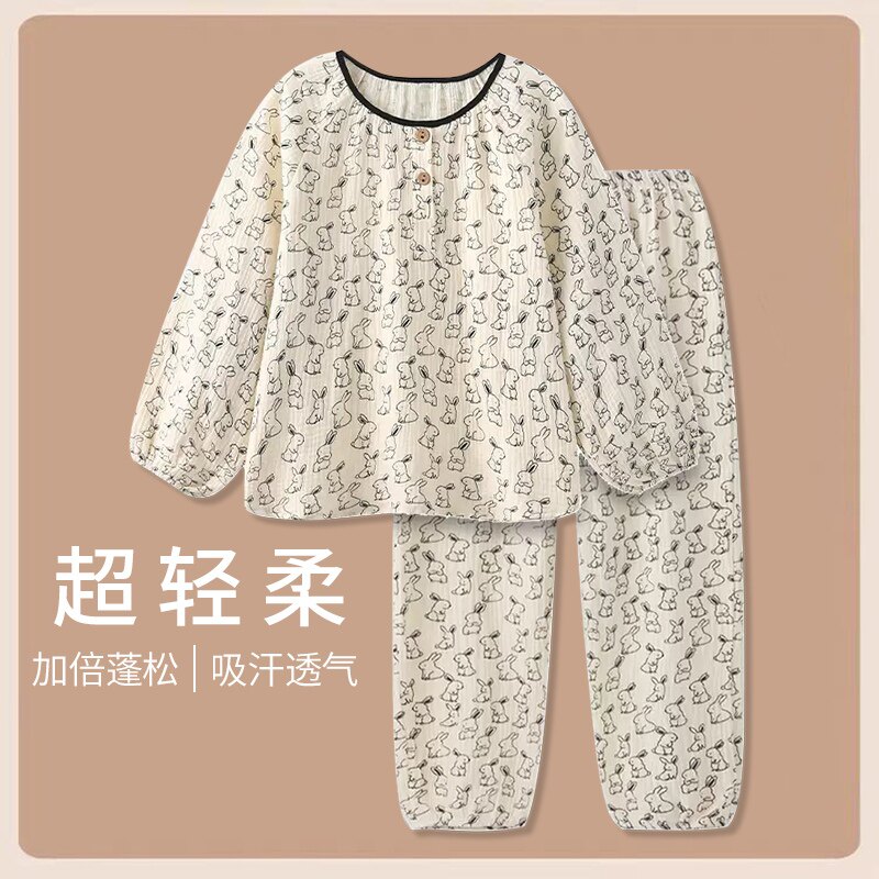 卡通小清新兔子大码睡衣女春秋季长袖纯棉纱布圆领可爱家居服套装