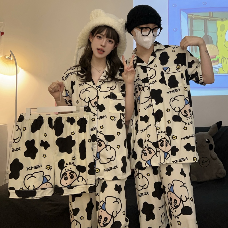 奶牛蜡笔小新卡通可爱情侣纯棉睡衣女短袖夏季薄三件套男款家居服
