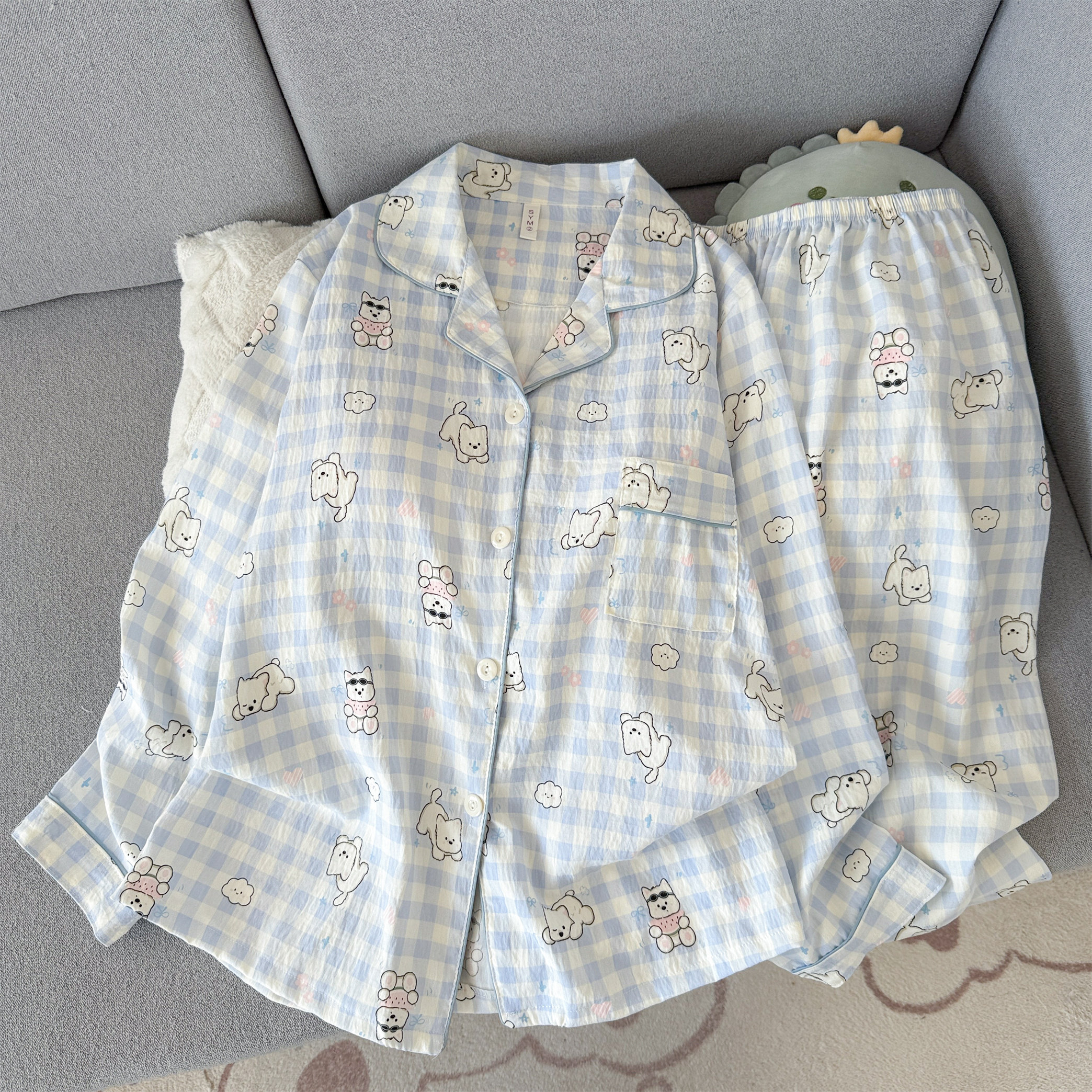 大码女式云朵棉家居服翻领开衫长袖长裤简约宽松亲肤居家睡衣套装