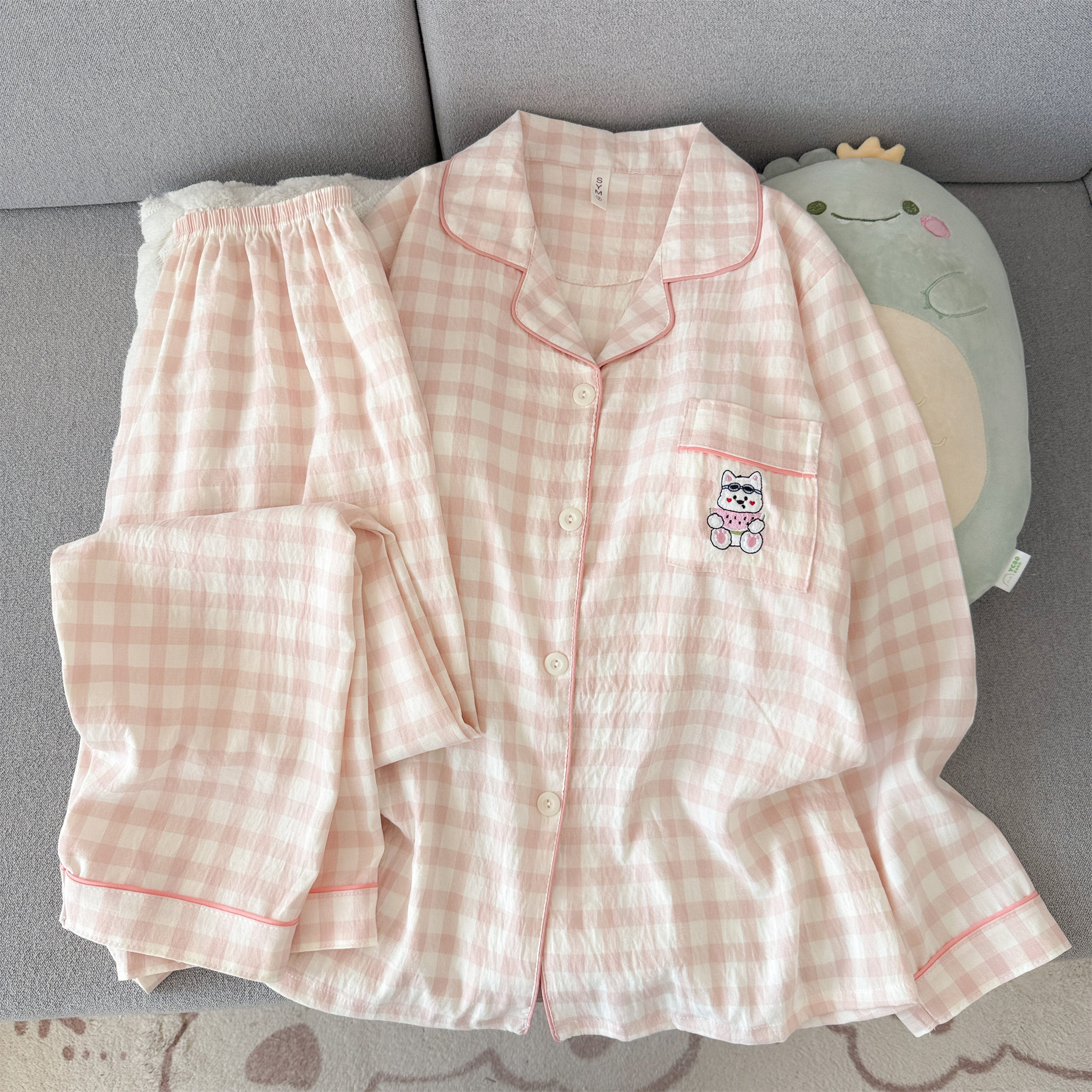 云朵棉长袖长裤睡衣女大码翻领开衫简约宽松款女生舒适居家服套装