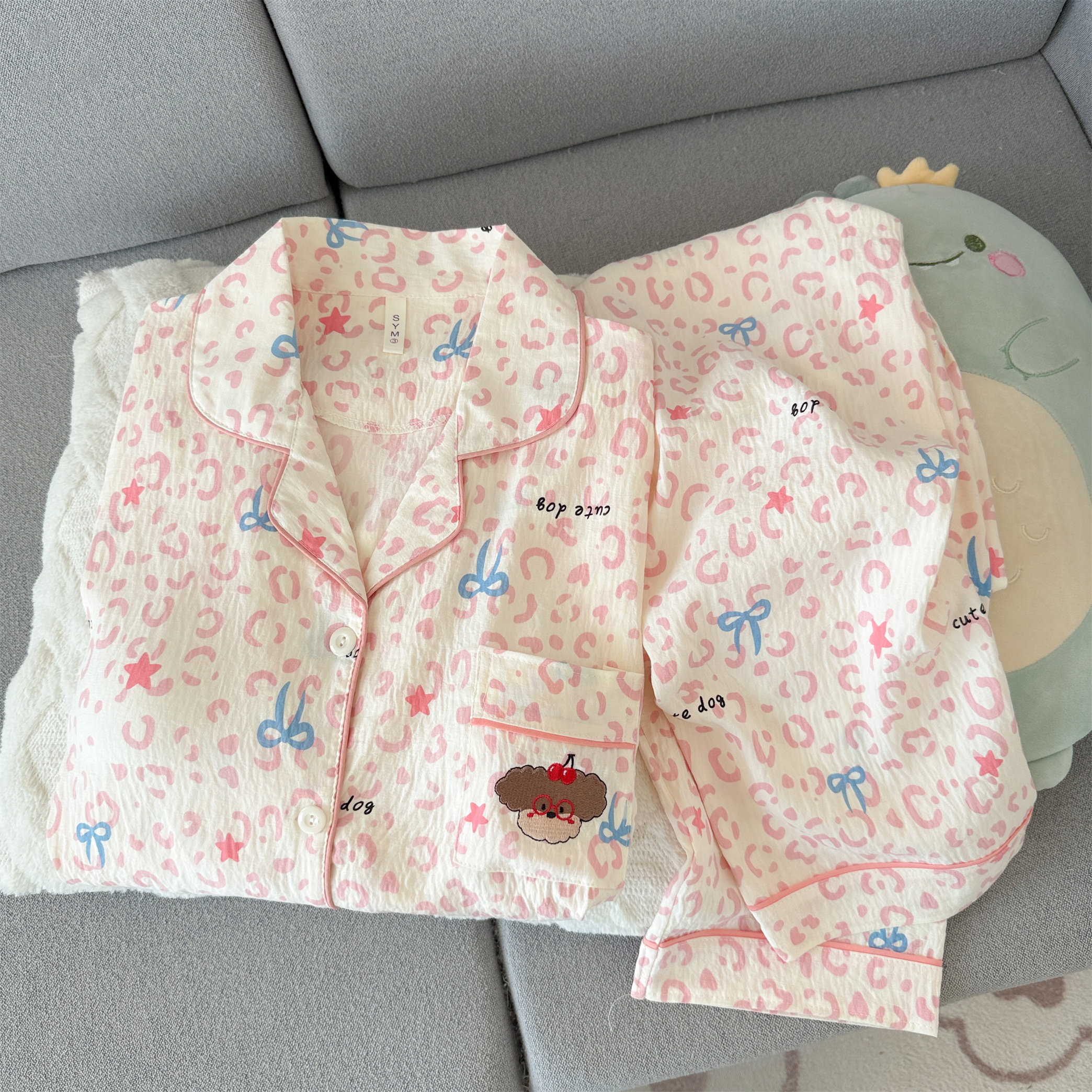简约长袖长裤居家服云朵棉女大码翻领开衫宽松软糯女睡衣两件套装