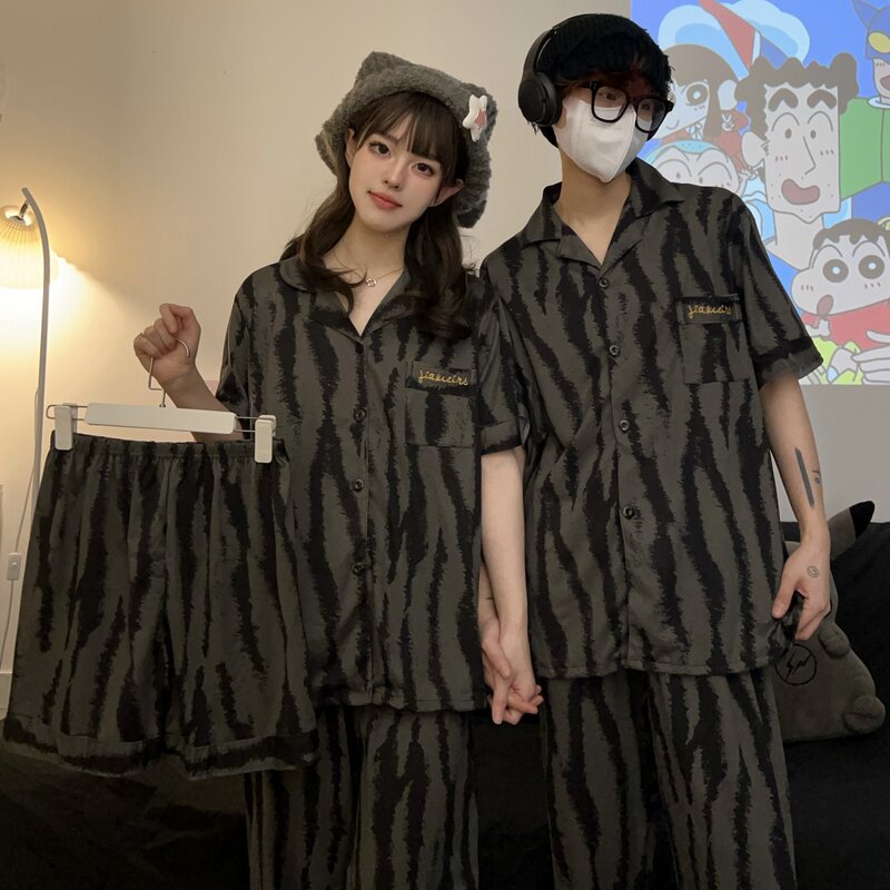 条纹男女风穿ins套装高级可外短袖纯棉睡衣情侣黑色感春夏季三件