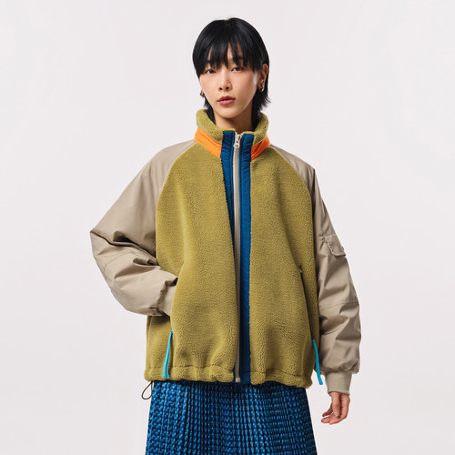 MOVEUP幻走2023秋季新款.FUN系列撞色撞布颗粒绒设计师短款外套女