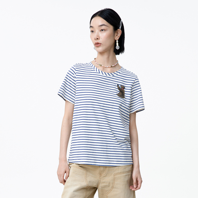 MOVEUP幻走2025夏季新品yangyang系列纯棉趣味图案条纹短款T恤女