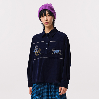 MOVEUP幻走2023秋季新款.FUN系列灯芯绒绣花纯棉设计师短款衬衫女