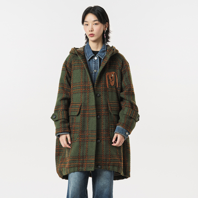 MOVEUP幻走2023冬季新款.FUN系列连帽绣花设计师长款毛呢外套女